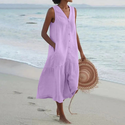 MARIA – Vestido midi bohemio de lino sin mangas con botonadura y vuelo en capas para mujer