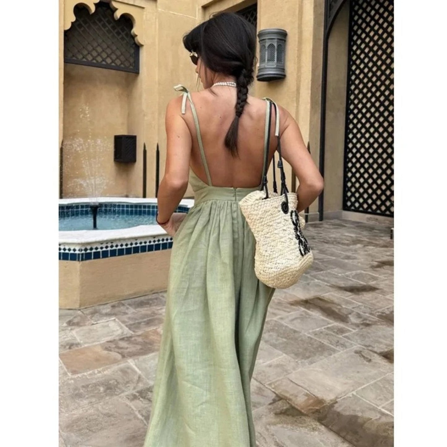 ELISA – Vestido largo de lino sin mangas con espalda abierta y lazo ajustable para mujer