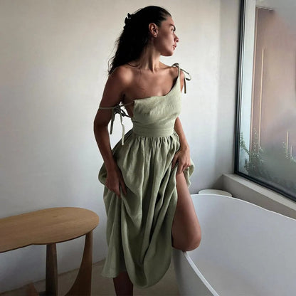ELISA – Vestido largo de lino sin mangas con espalda abierta y lazo ajustable para mujer