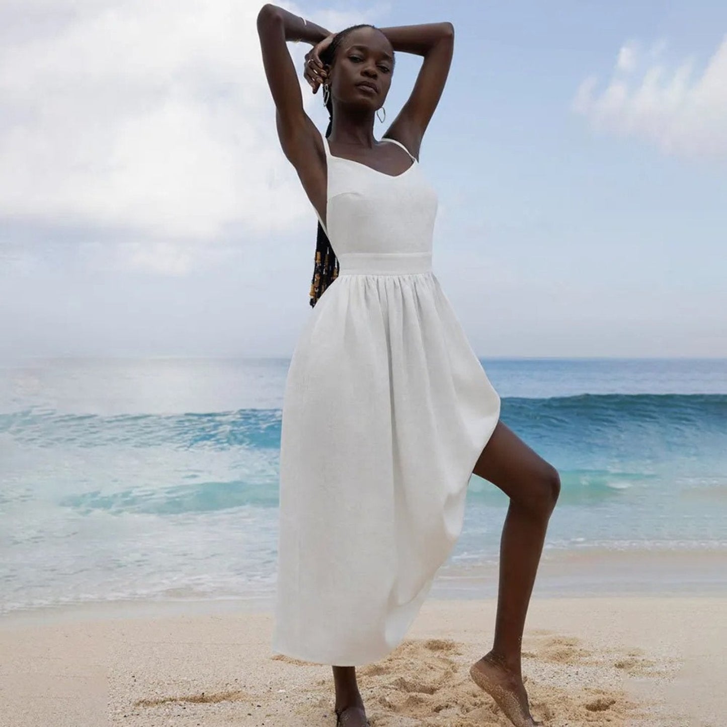 ELISA – Vestido largo de lino sin mangas con espalda abierta y lazo ajustable para mujer