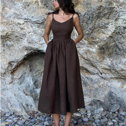 ELISA – Vestido largo de lino sin mangas con espalda abierta y lazo ajustable para mujer