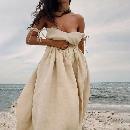 MARCELA – Vestido largo de lino sin mangas con espalda abierta y lazo ajustable