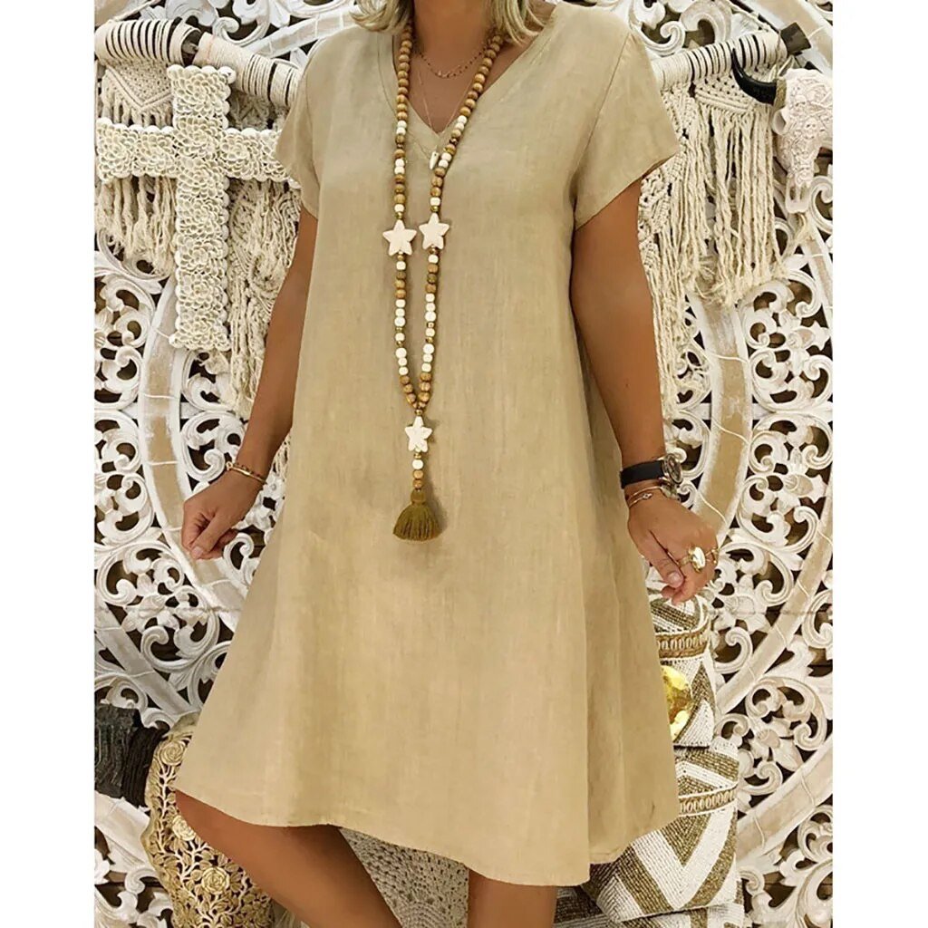 BELLA – Vestido mini de lino con escote en V y mangas cortas para mujer
