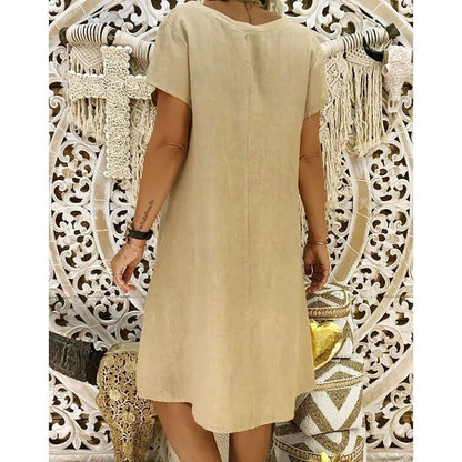 BELLA – Vestido mini de lino con escote en V y mangas cortas para mujer