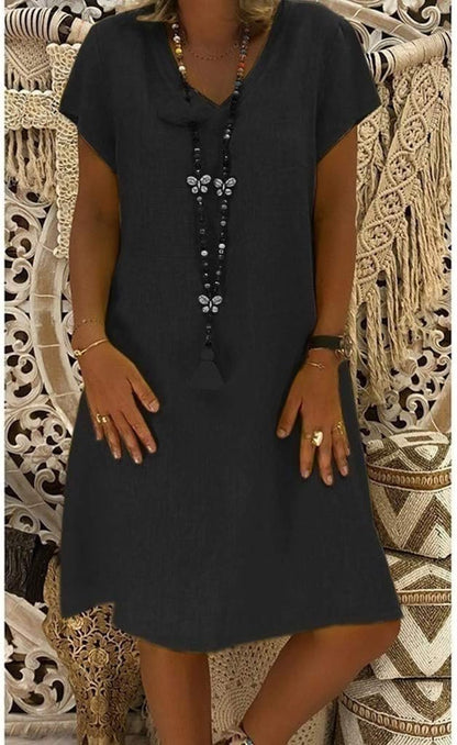 BELLA – Vestido mini de lino con escote en V y mangas cortas para mujer