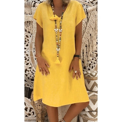BELLA – Vestido mini de lino con escote en V y mangas cortas para mujer