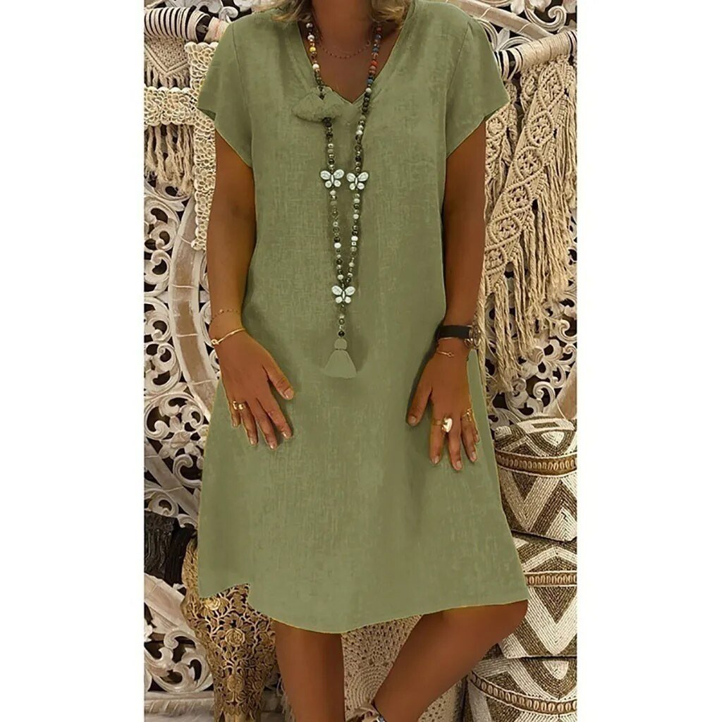 BELLA – Vestido mini de lino con escote en V y mangas cortas para mujer