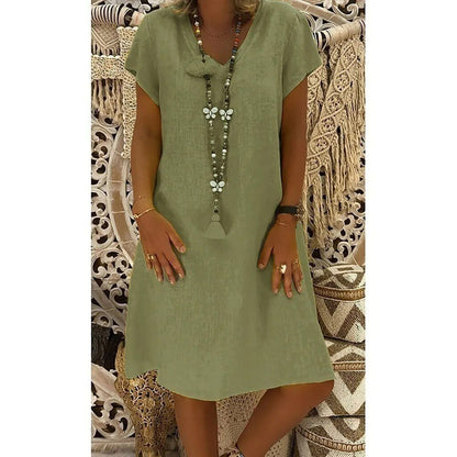 BELLA – Vestido mini de lino con escote en V y mangas cortas para mujer