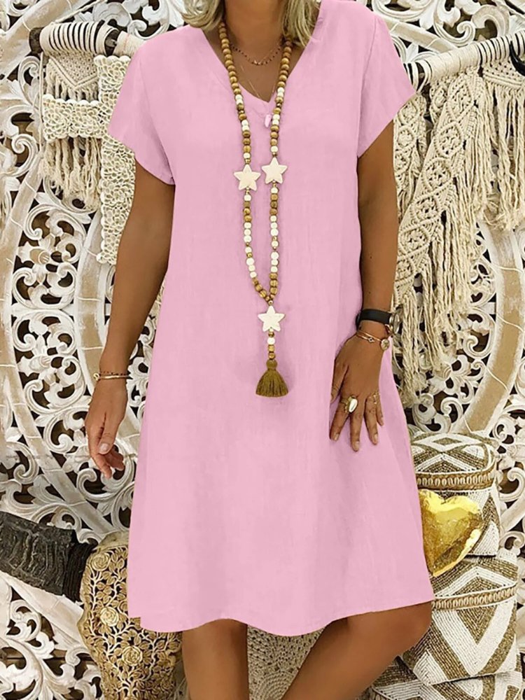 BELLA – Vestido mini de lino con escote en V y mangas cortas para mujer