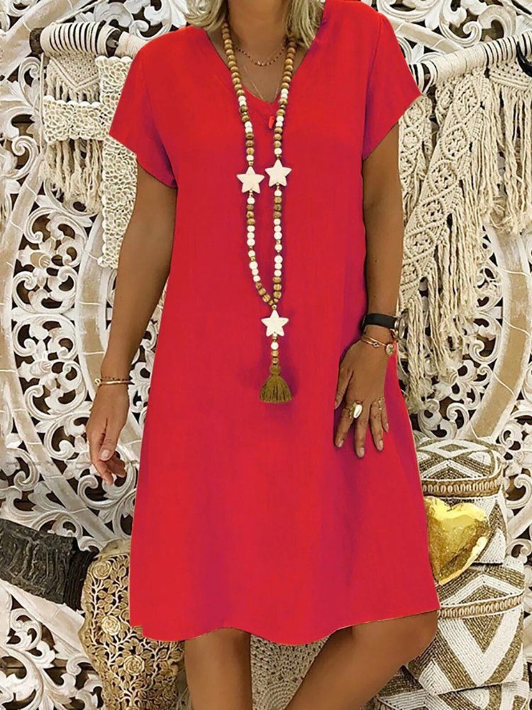 BELLA – Vestido mini de lino con escote en V y mangas cortas para mujer