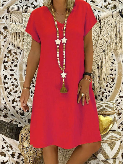 BELLA – Vestido mini de lino con escote en V y mangas cortas para mujer