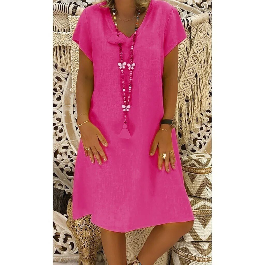 BELLA – Vestido mini de lino con escote en V y mangas cortas para mujer