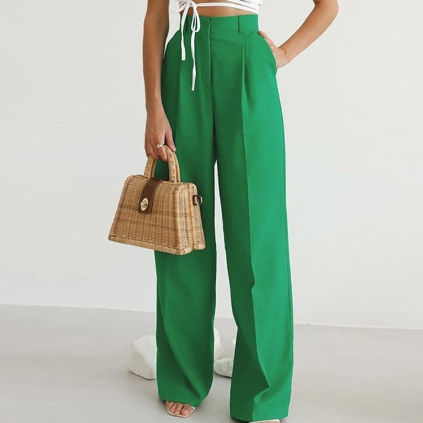 VERÓNICA – Pantalones anchos de lino de talle alto con pliegues elegantes para mujer