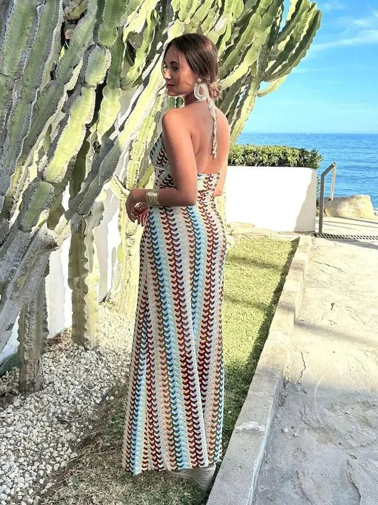Celestina – Vestido maxi de ganchillo con cuello halter y estampado gráfico para mujer