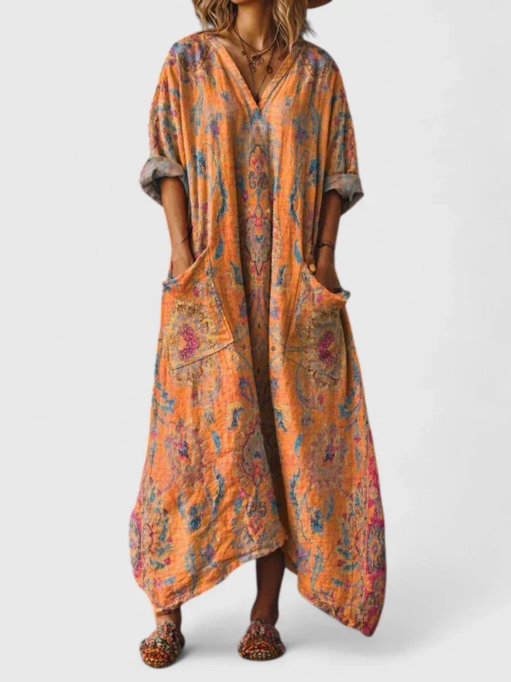 ALBA – Vestido maxi bohemio con estampado, escote en V y bolsillos amplios