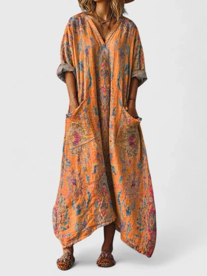 ALBA – Vestido maxi bohemio con estampado, escote en V y bolsillos amplios