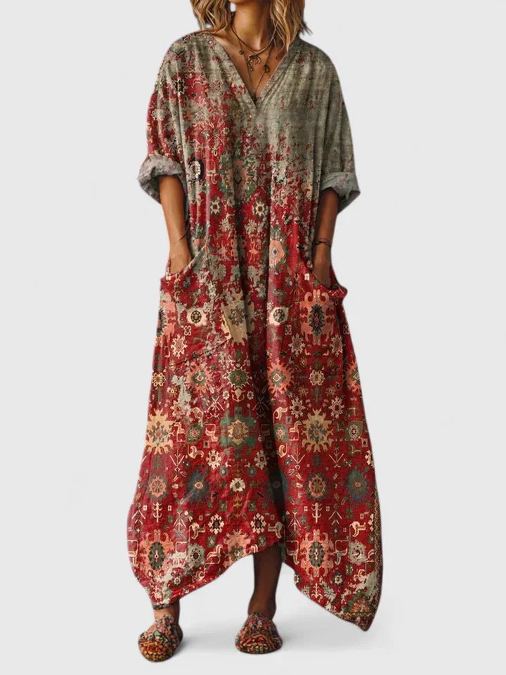 ALBA – Vestido maxi bohemio con estampado, escote en V y bolsillos amplios