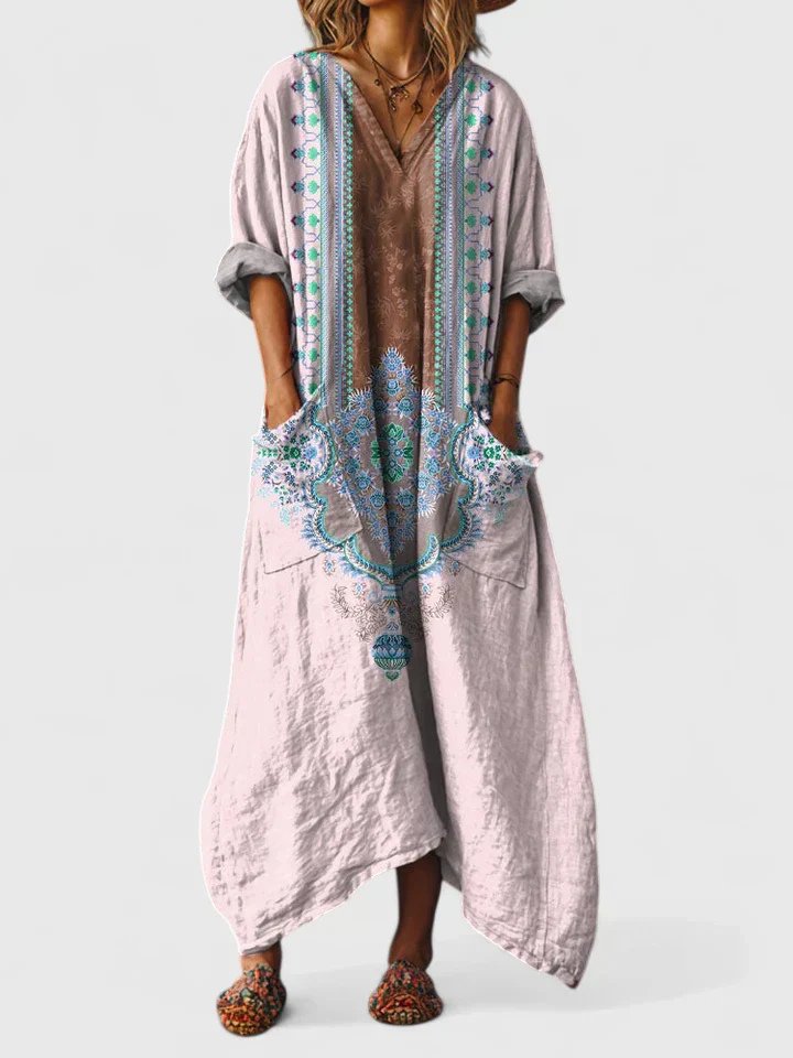 ALBA – Vestido maxi bohemio con estampado, escote en V y bolsillos amplios