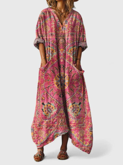 ALBA – Vestido maxi bohemio con estampado, escote en V y bolsillos amplios