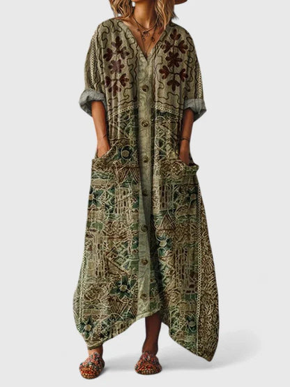 ALBA – Vestido maxi bohemio con estampado, escote en V y bolsillos amplios