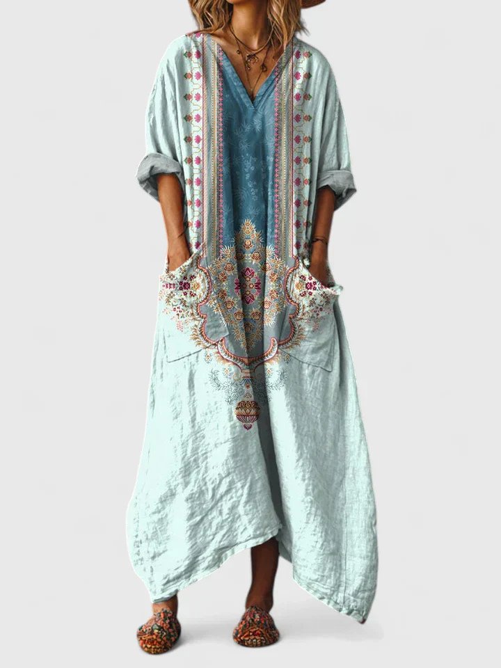 ALBA – Vestido maxi bohemio con estampado, escote en V y bolsillos amplios