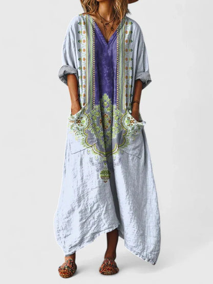 ALBA – Vestido maxi bohemio con estampado, escote en V y bolsillos amplios