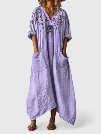ALBA – Vestido maxi bohemio con estampado, escote en V y bolsillos amplios