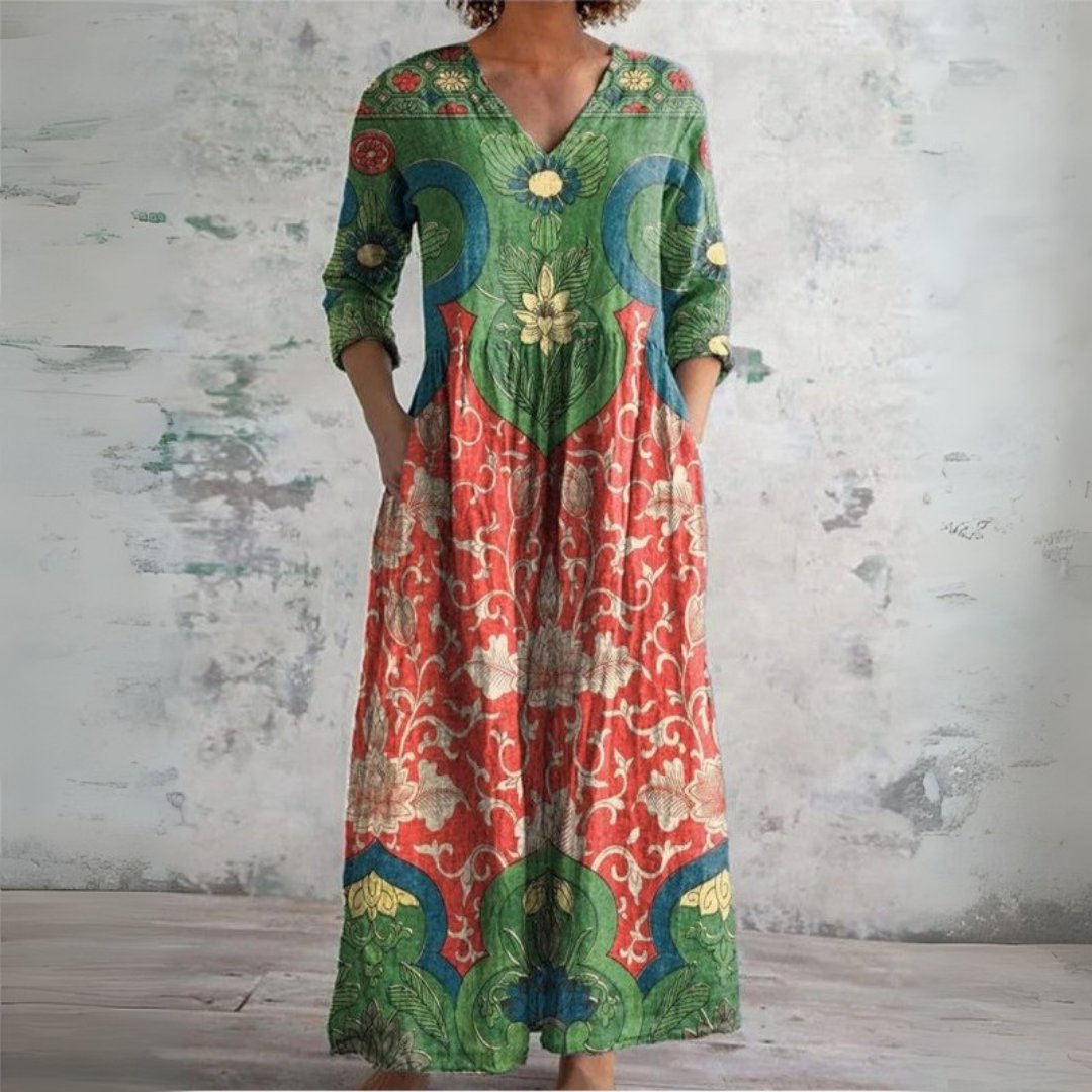 BEATRIZ – Vestido largo bohemio de lino con escote en V, estampado floral étnico y mangas largas