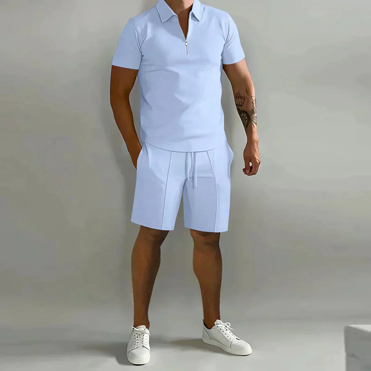 Orvian – Conjunto casual de polo con cremallera y pantalón corto para hombre