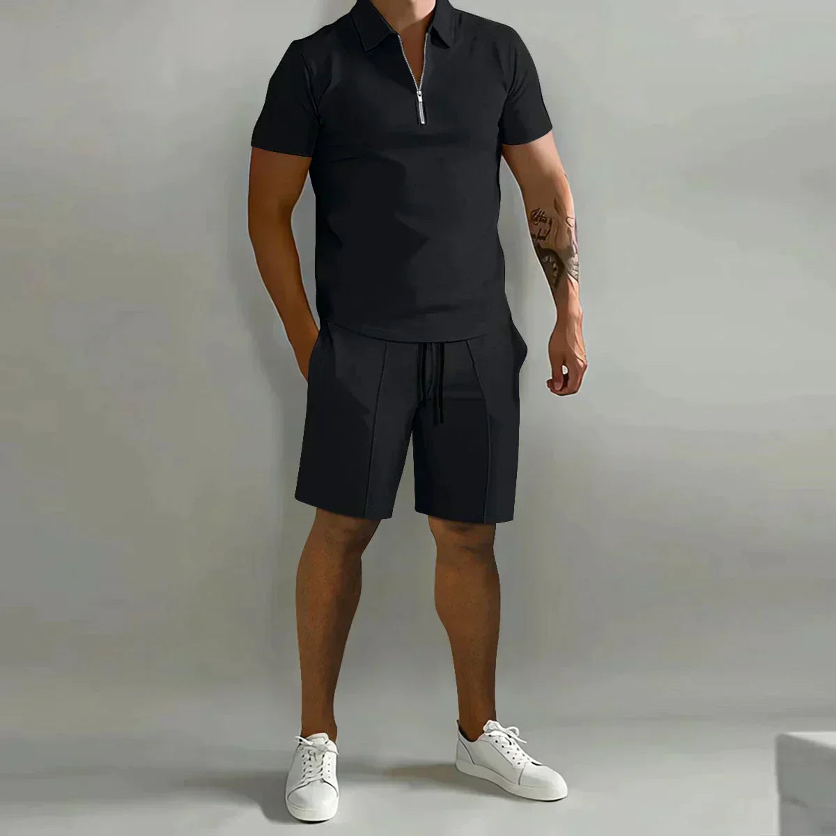 Orvian – Conjunto casual de polo con cremallera y pantalón corto para hombre