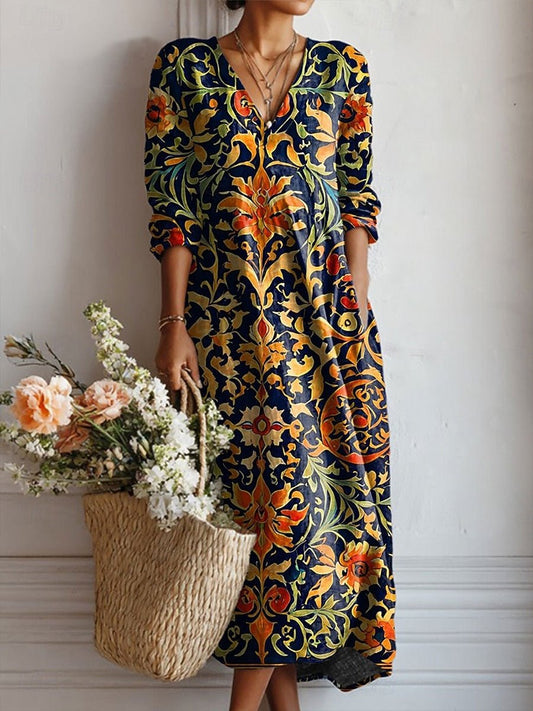 VALERIA – Vestido midi bohemio con escote en V y estampado barroco