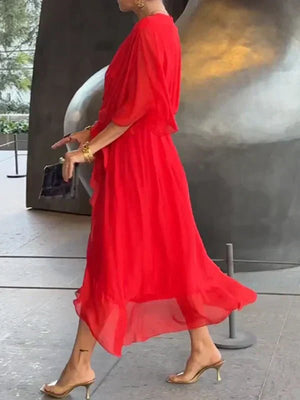 NAELLA | Vestido Midi Elegante para Mujer con Cinturón y Escote en V | Ideal para Eventos Especiales - Noa Lagos