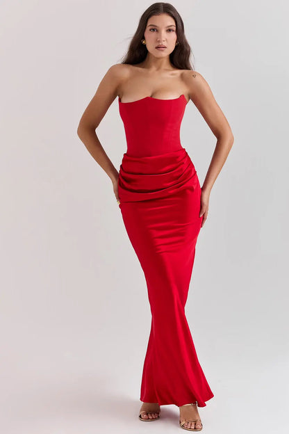 ELARA – Vestido maxi satinado sin tirantes con fruncido favorecedor