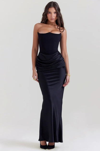 ELARA – Vestido maxi satinado sin tirantes con fruncido favorecedor