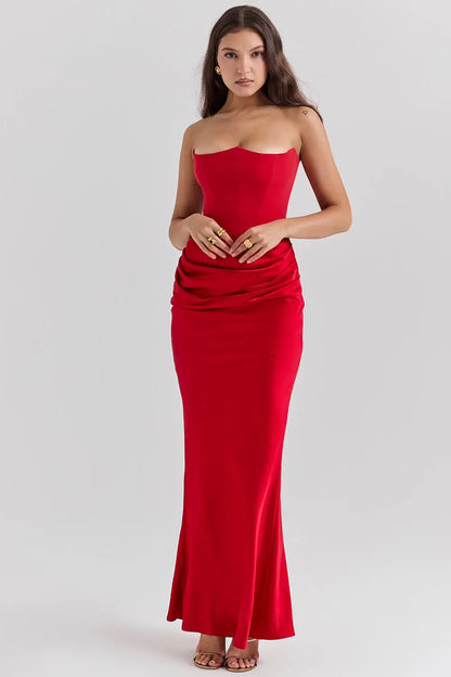 ELARA – Vestido maxi satinado sin tirantes con fruncido favorecedor