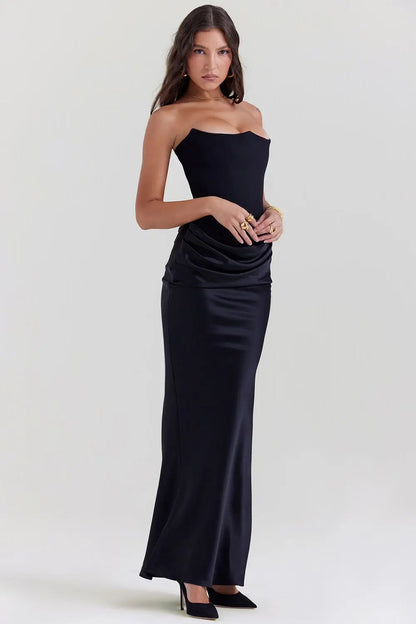 ELARA – Vestido maxi satinado sin tirantes con fruncido favorecedor