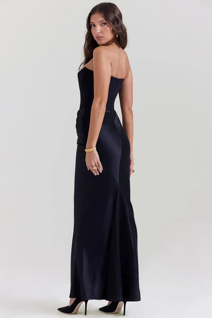 ELARA – Vestido maxi satinado sin tirantes con fruncido favorecedor