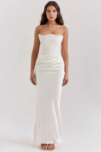 ELARA – Vestido maxi satinado sin tirantes con fruncido favorecedor