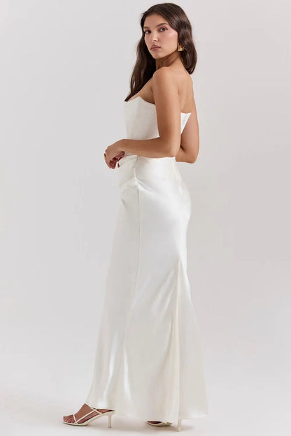 ELARA – Vestido maxi satinado sin tirantes con fruncido favorecedor