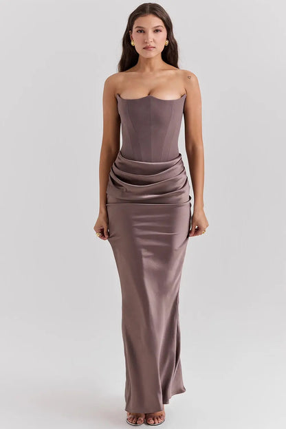 ELARA – Vestido maxi satinado sin tirantes con fruncido favorecedor