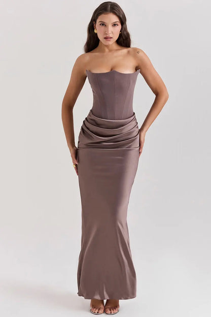 ELARA – Vestido maxi satinado sin tirantes con fruncido favorecedor