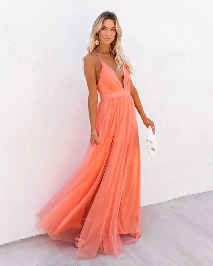 Serenity – Vestido largo de invitada con escote en V y abertura alta para mujer