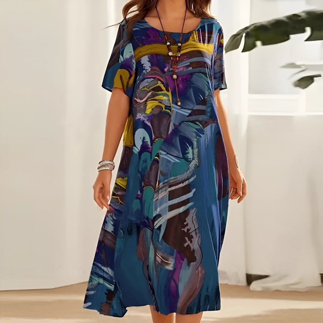 CAMILA – Vestido largo de talla grande con estampado abstracto y mangas cortas