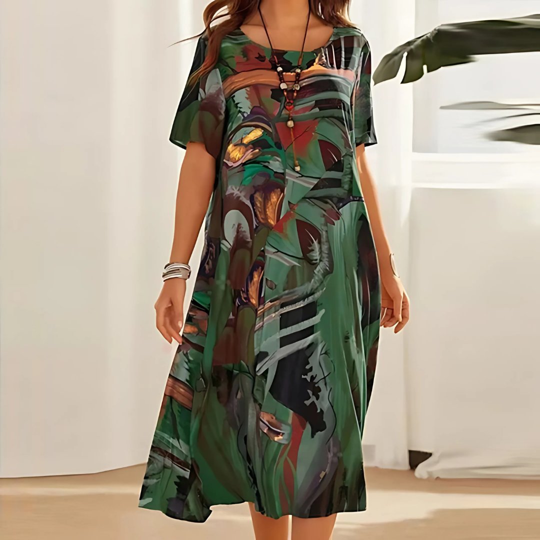 CAMILA – Vestido largo de talla grande con estampado abstracto y mangas cortas