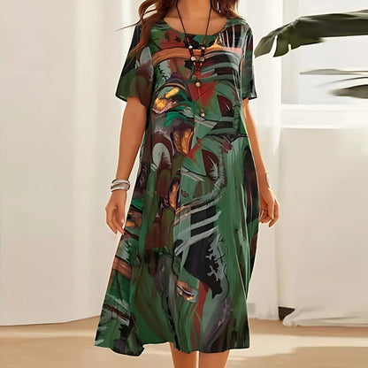 CAMILA – Vestido largo de talla grande con estampado abstracto y mangas cortas