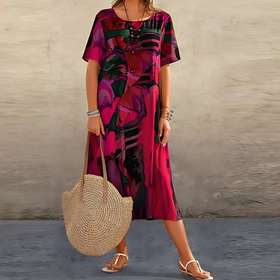 CAMILA – Vestido largo de talla grande con estampado abstracto y mangas cortas