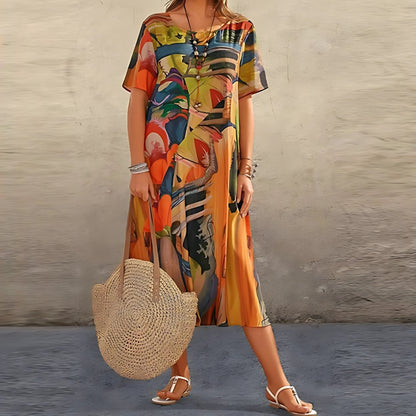 CAMILA – Vestido largo de talla grande con estampado abstracto y mangas cortas
