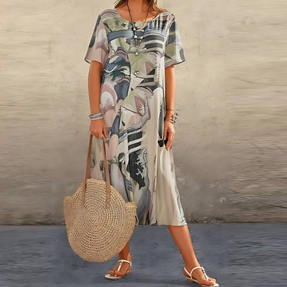 CAMILA – Vestido largo de talla grande con estampado abstracto y mangas cortas
