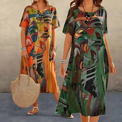 CAMILA – Vestido largo de talla grande con estampado abstracto y mangas cortas