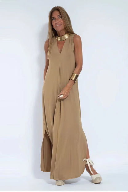 CAMILA – Vestido largo de talla grande sin mangas con escote en V